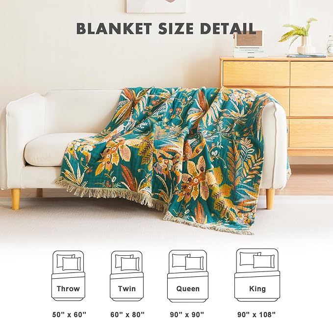 MSGKV Boho Throw Blanket for Bed Twin Size 100% Cotton Floral Blanket 60"x80" - Image 4