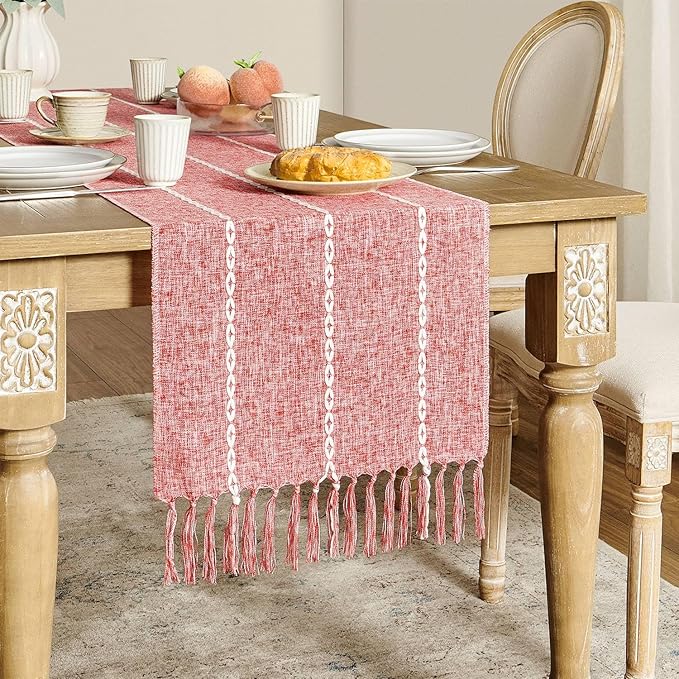 ZeeMart Farmhouse Braided Striped Table Runner, Rustic Red Table Runners 72 - Image 2