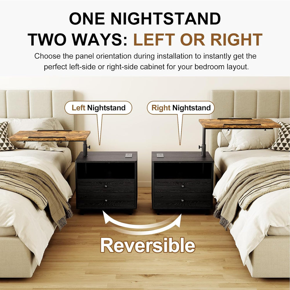 Bedroom Nightstand with Drawers & Charging Station, Adjustable Height Bed...