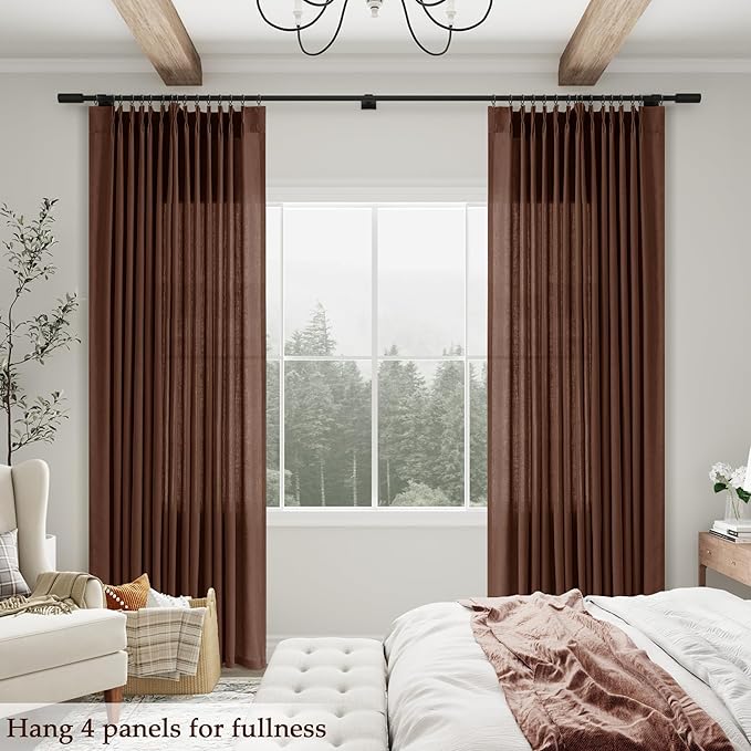 Rustic Brown Pinch Pleated Linen Curtains 102 Inch Length 2 Panels - Image 3