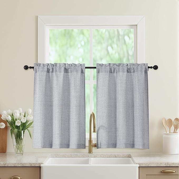 Grey Kitchen Curtains 36 Inch Length 2 Panels, Light Filtering Farmhouse Faux by WelvetBLK
