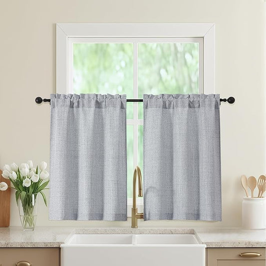 Grey Kitchen Curtains 36 Inch Length 2 Panels, Light Filtering Farmhouse Faux by WelvetBLK