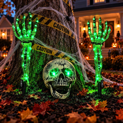 Halloween Skeleton Decorations Outdoor, Light Up Skull Head & Skeleton Hands Lights Stake with Green LED, Battery Operated Halloween Yard Decor for Lawn, Garden, Graveyard, Haunted House & Party