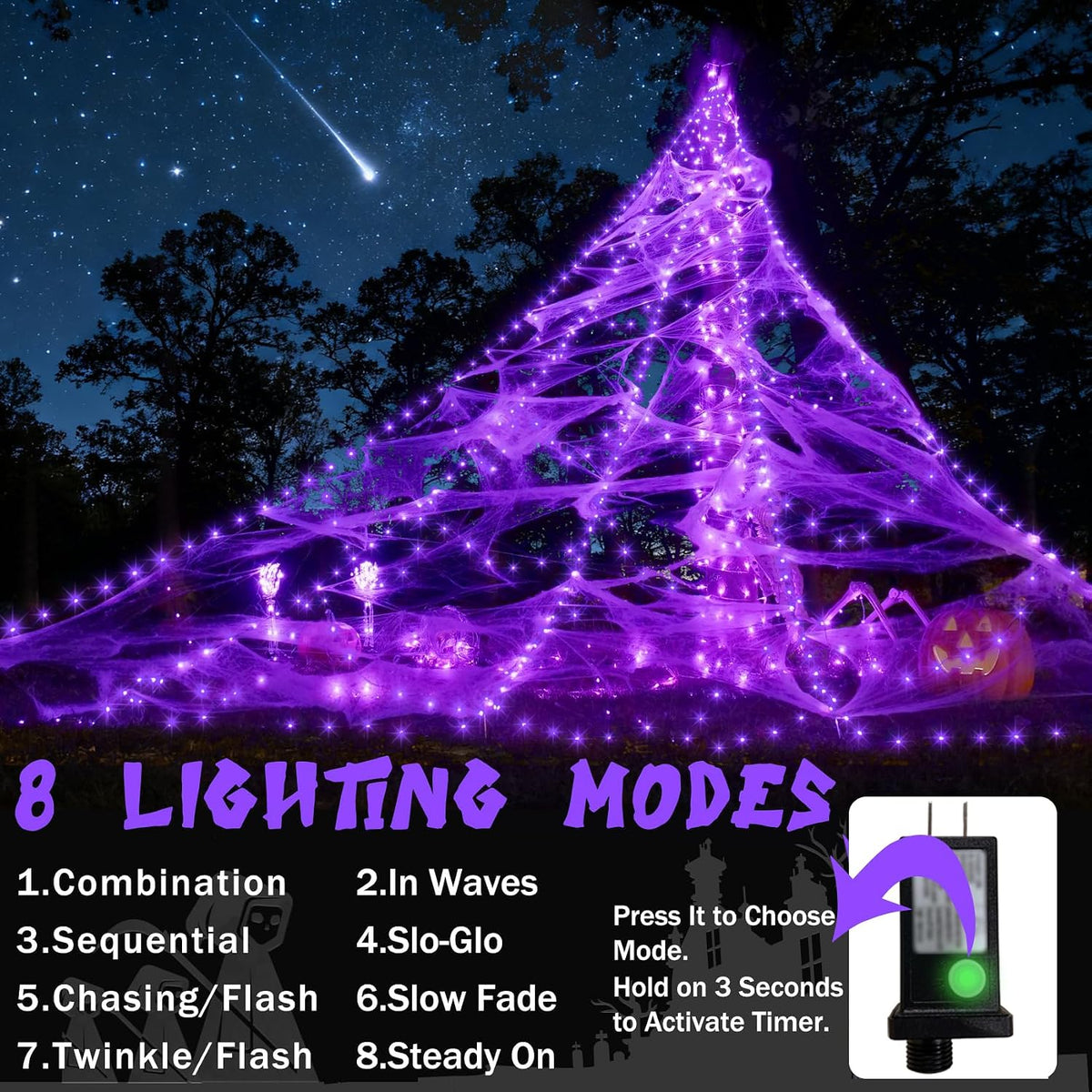 Spider Web Lights for Halloween Decorations Outdoor - 616 LEDs, 8 Lighting Modes, 16.4 Ft Light Up Giant Spider Webs (Purple)