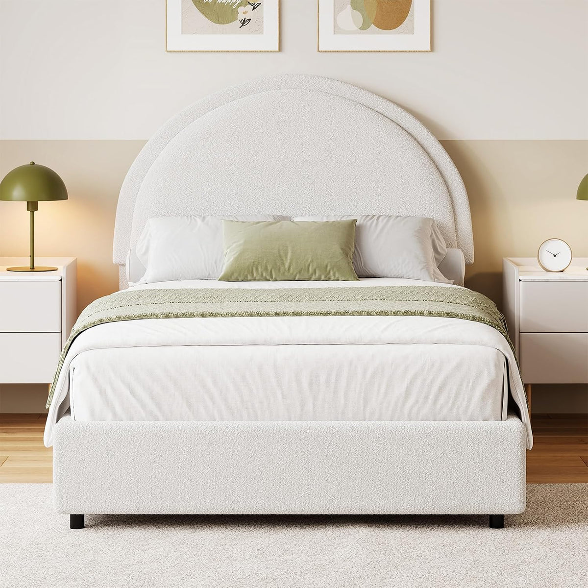 revominca twin size bed frame, boucle upholstered platform, main product view