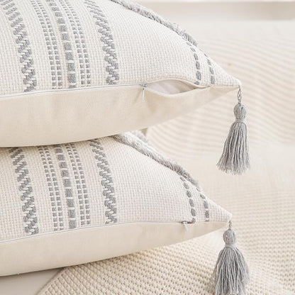 Boho Throw Pillow Covers 18x18 Set of 2 Cotton Woven Tufted Farmhouse Pillows - Image 2