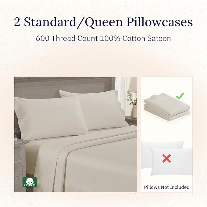 Luxuriously Soft Hotel Quality 600 Thread Count, 100% Cotton Set of 2 Cases - Image 2