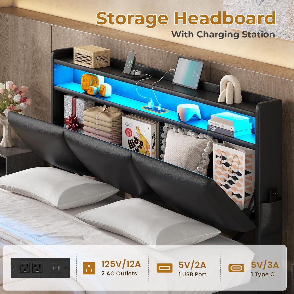 MSmask Queen Bed Frame with 2-Tier Storage Headboard, LED Bed Frame Queen Siz...
