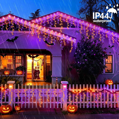 YEGUO 33ft 400 LED Orange and Purple Icicle Halloween Lights, 80 Drops Icicle Lights Connectable, 8 Modes Icicle Christmas Light with Memory Timer