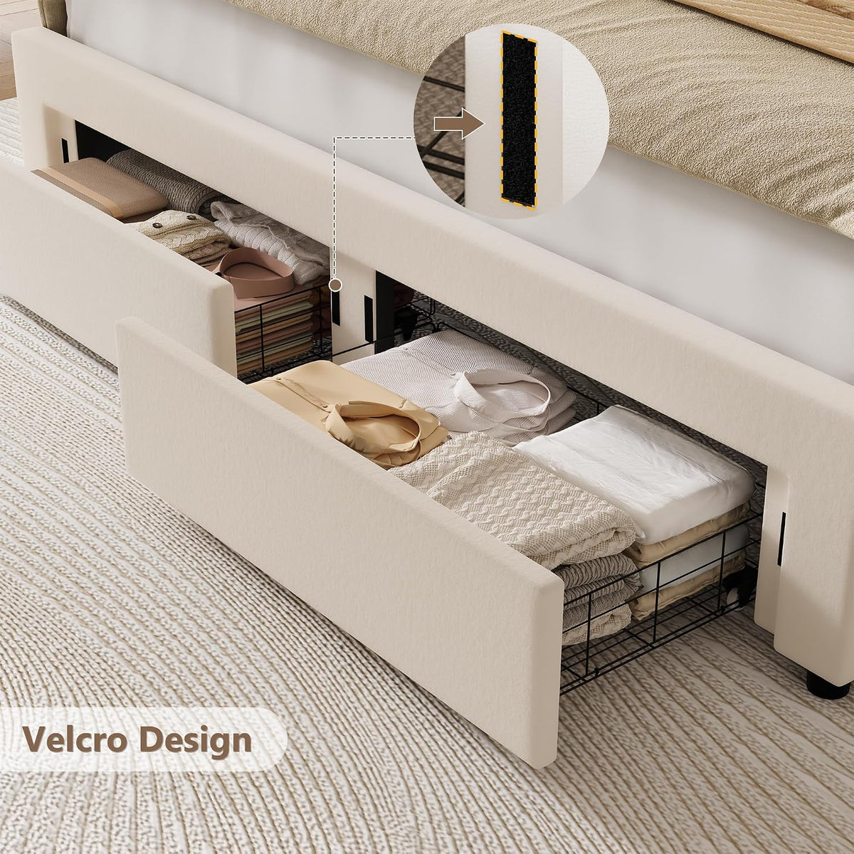 hithos queen upholstered platform bed frame, led storage, front angle view