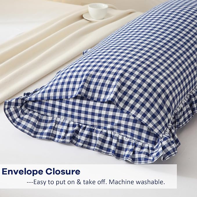 Navy Blue White Plaid Ruffled Gingham Body Pillow Cover, 100% Washed Cotton - Image 5