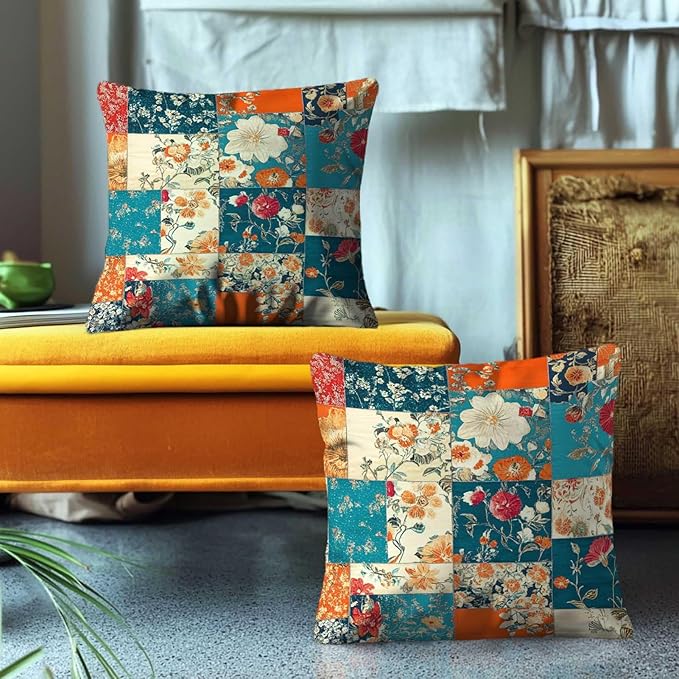 Floral Throw Pillow Covers 18x18 Set of 2 | Decorative Patchwork Like Cushion - Image 4