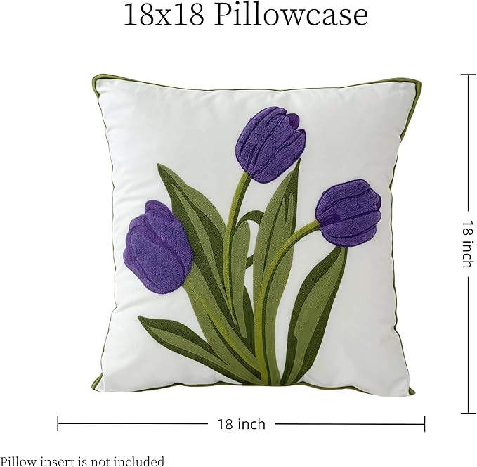18x18 Embroidered Throw Pillow Cover – Purple Tulip Cotton Decorative Cushion - Image 6