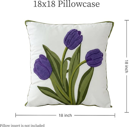 18x18 Embroidered Throw Pillow Covers Set – Purple Tulip Cotton Decorative - Image 6