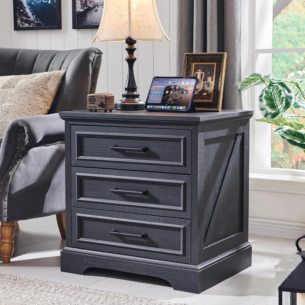ACCOHOHO 22" Farmhouse Nightstand with Charging Station, Black