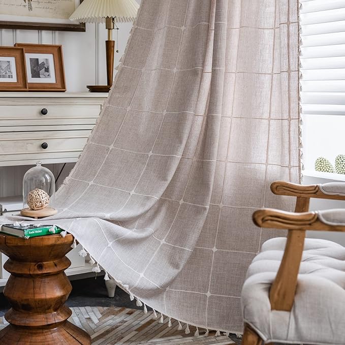 ColorBird Farmhouse Semi-Blackout Window Curtains 2 Panels Embroidery Lattice by ColorBird