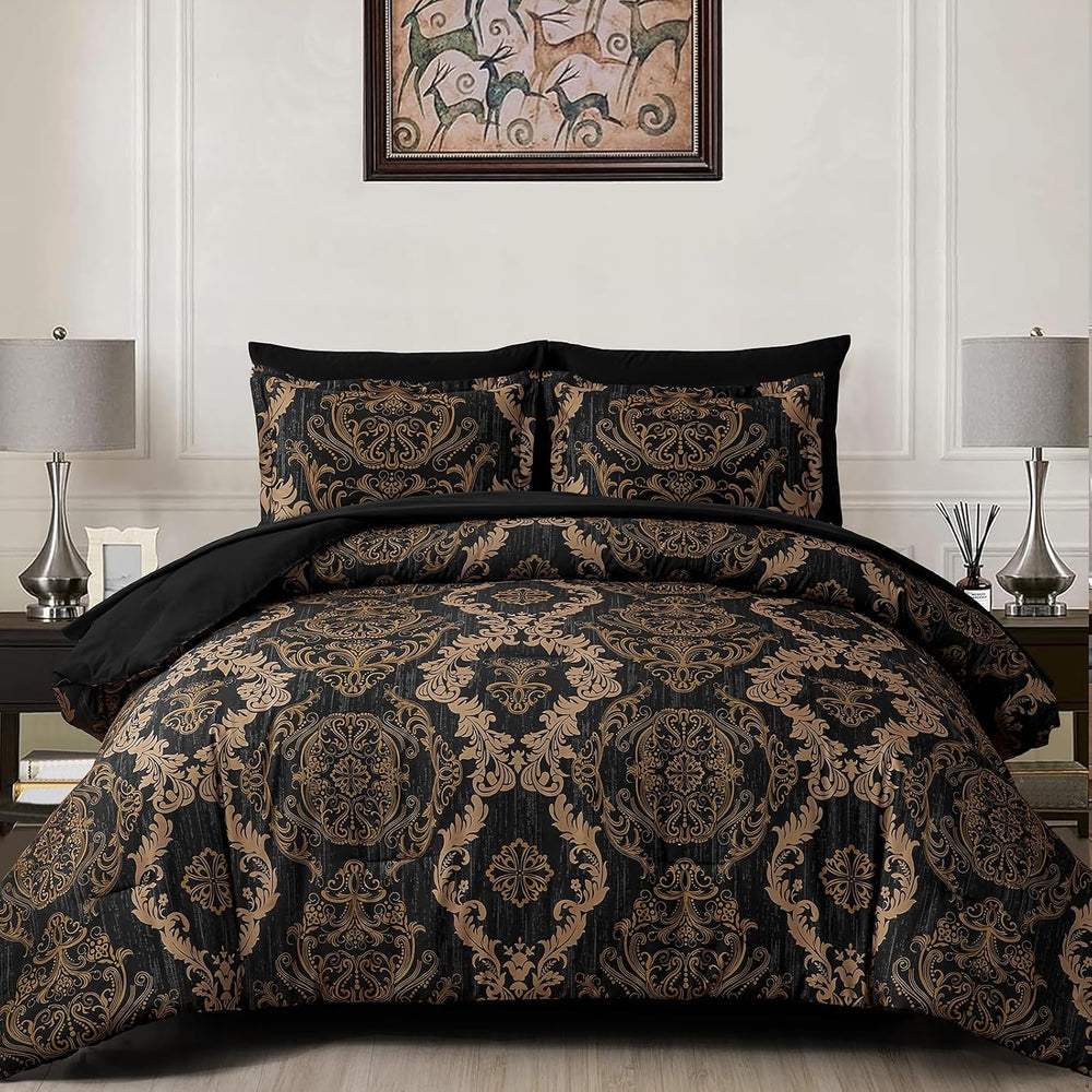 WONGS BEDDING Black Comforter Set King Size, Gold Damask Texture 7 Pieces Bed...