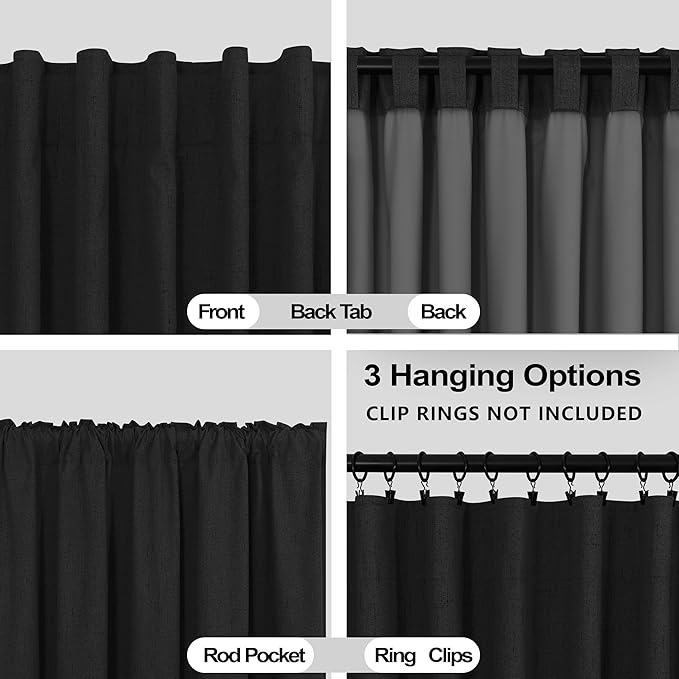 KOUFALL 72 Inch Black Curtains for Bedroom, Linen Thermal Blackout Back Tab - Image 3