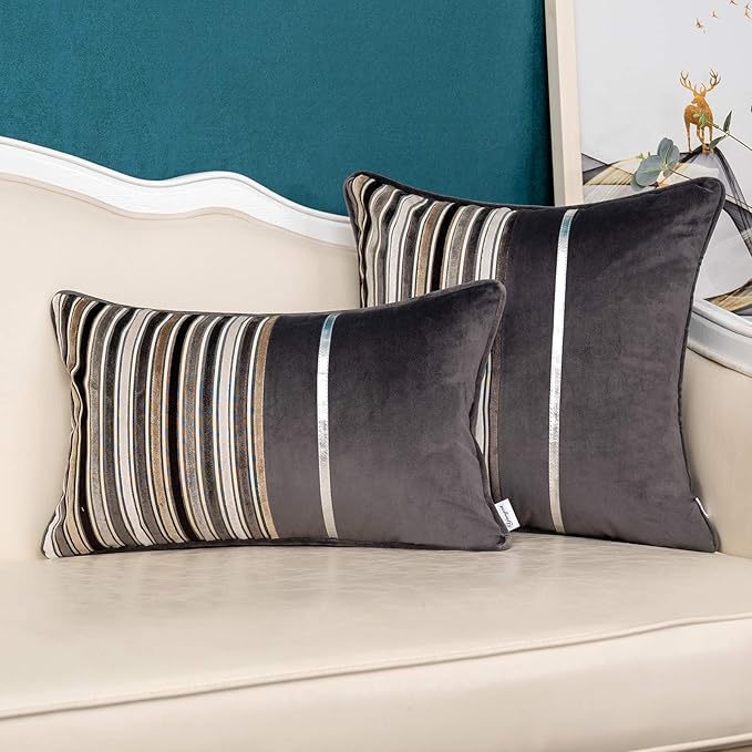 Yangest Grey Striped Patchwork Throw Pillow Cover Gold Leather Cushion Cover - Image 6