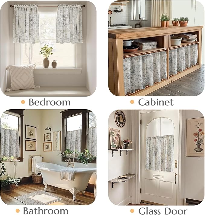 jinchan Floral Linen Tier Curtains Grey Flower on Beige Cafe Curtains 24 Inch - Image 4