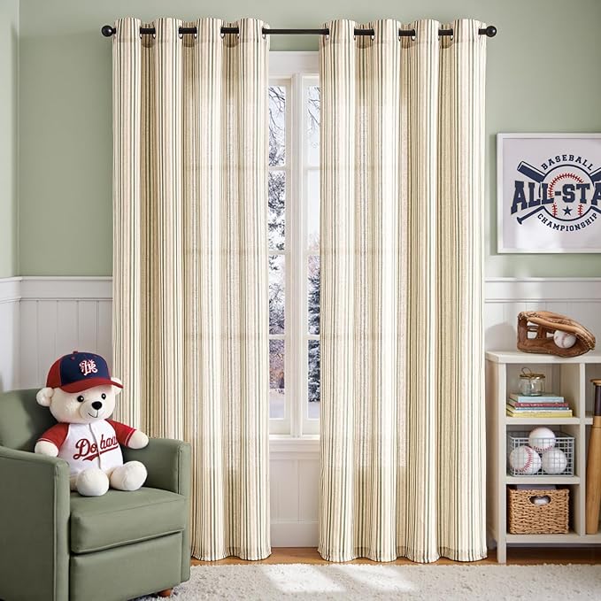 Vangao Linen Striped Green Curtains Boho Tickingstripe Light Filtering Nursery - Image 2