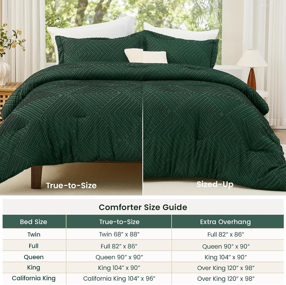 JOLLYVOGUE Emerald Green King Size Comforter Set, Boho Tufted Bedding Set 3-P...