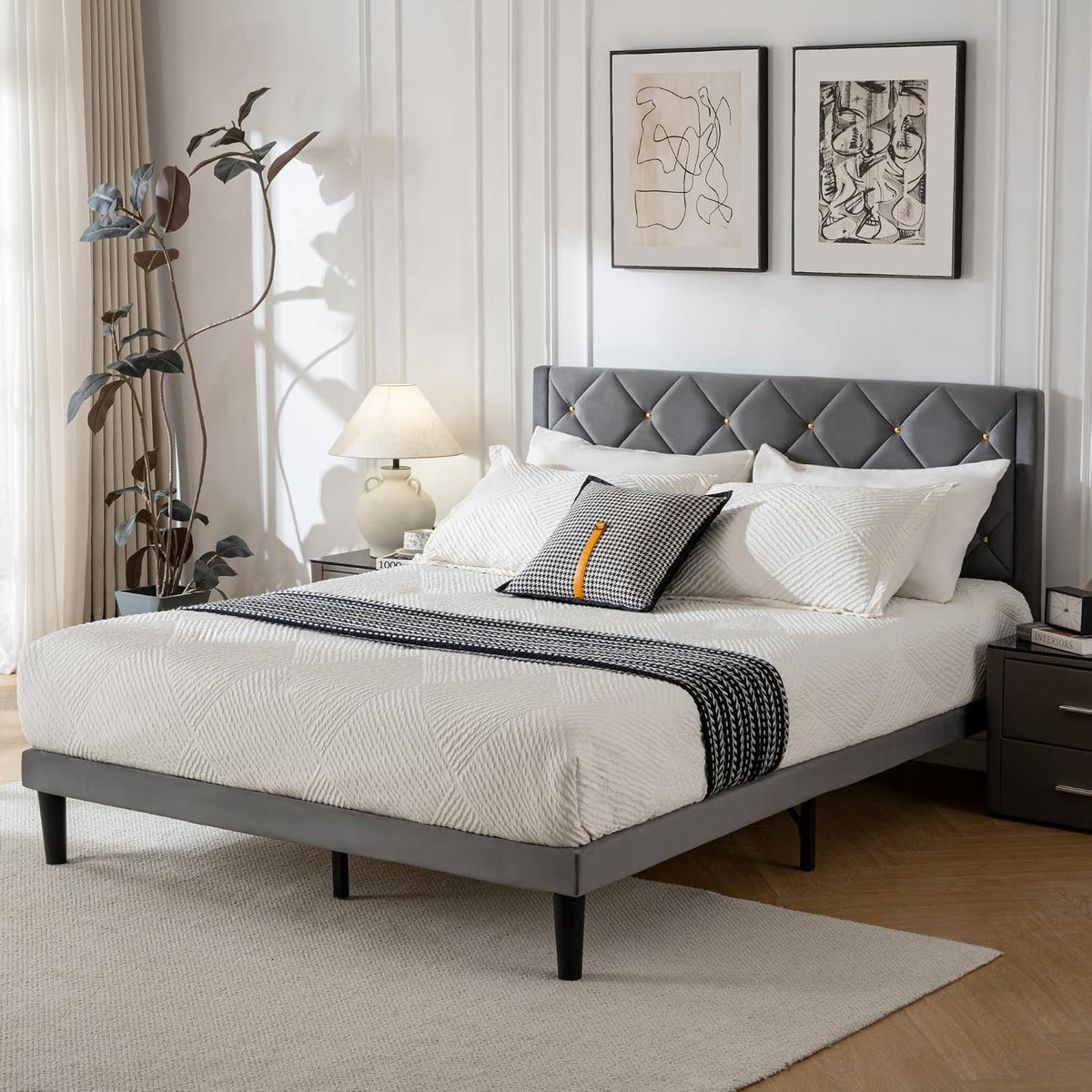 queen size platform bed frame with velvet headboard, close-up detail
