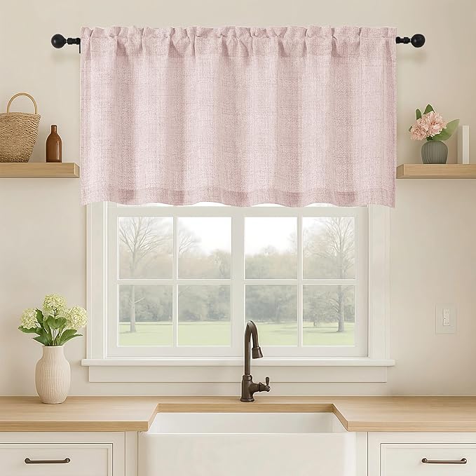 OVZME Blush Pink Valance for Windows, Light Filtering Faux Linen Textured Small by OVZME