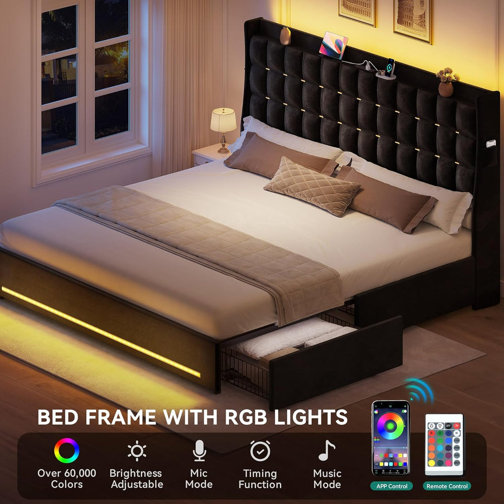 DWVO King Size Bed Frame, 4 Drawers and RGB LED Light,Charging Station