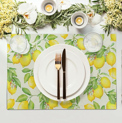 Lemon Placemats Set of 4 Summer Yellow Fruit Green Leaf Floral Linen Table Mat - Image 3