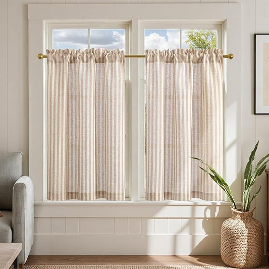 jinchan Striped Linen Kitchen Curtains 36 Inches Length Tier Curtains Farmhouse by JINCHAN