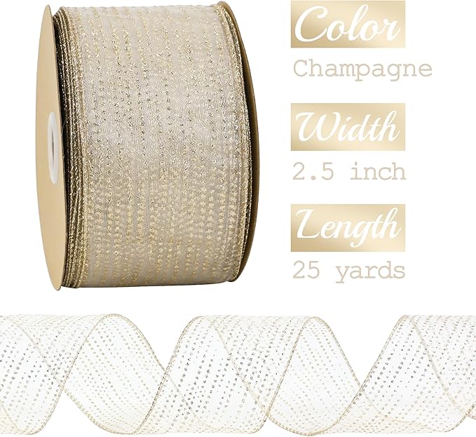 MEEDEE Champagne Gold Wired Ribbon 2.5 Inch Horizontal Stripes Glitter Polka - Image 2