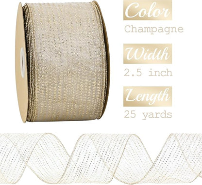 MEEDEE Champagne Gold Wired Ribbon 2.5 Inch Horizontal Stripes Glitter Polka - Image 2