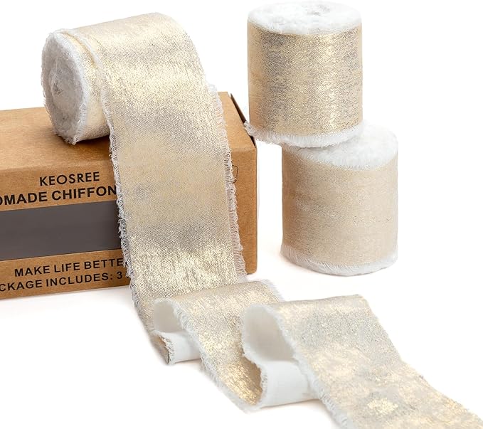 Champagne Gold Silk Chiffon Ribbon, Ivory White Frayed Shimmery Silk Ribbon by KEOSREE