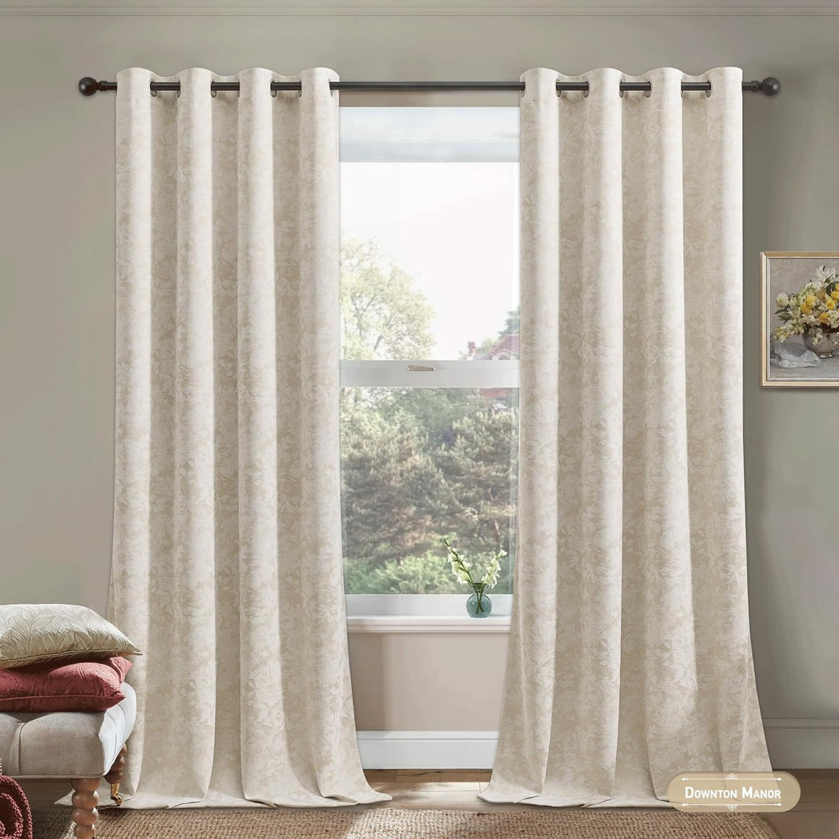 beauoop beige floral jacquard blackout curtains for bedroom, side view