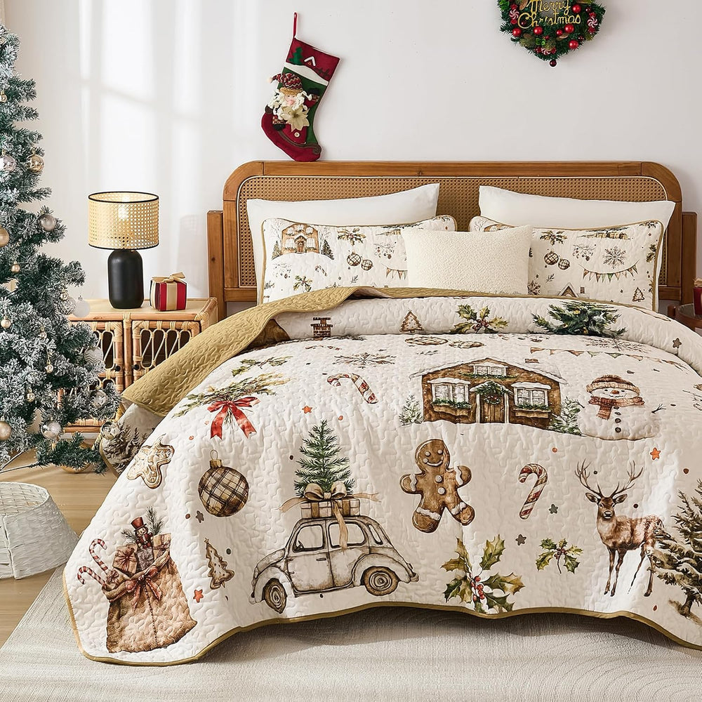 Djoymock Christmas Quilt Set Queen, Reversible Holiday Bedspread