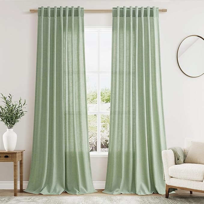 Mist Sage Linen Curtains 90 Inch Long 2 Panels Set by Nanspring