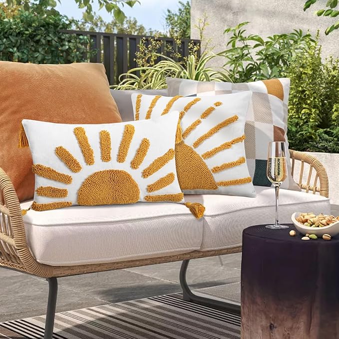 Adabana Boho Decorative Throw Pillow Covers 12x20 Lumbar Tufted Yellow Sun - Image 6