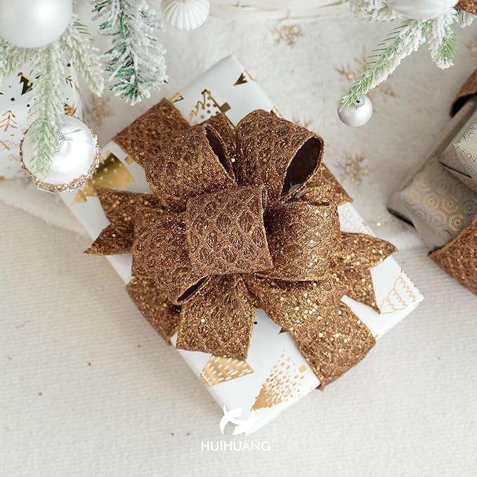 HUIHUANG Copper Wired Ribbon 4 inch Glitter Christmas Wired Ribbon Diamond Mesh - Image 7