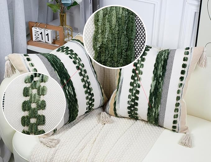 PANOD Chenille Farmhouse Throw Pillow Covers 16 x 16 Dark Green, Neutral Boucle - Image 3