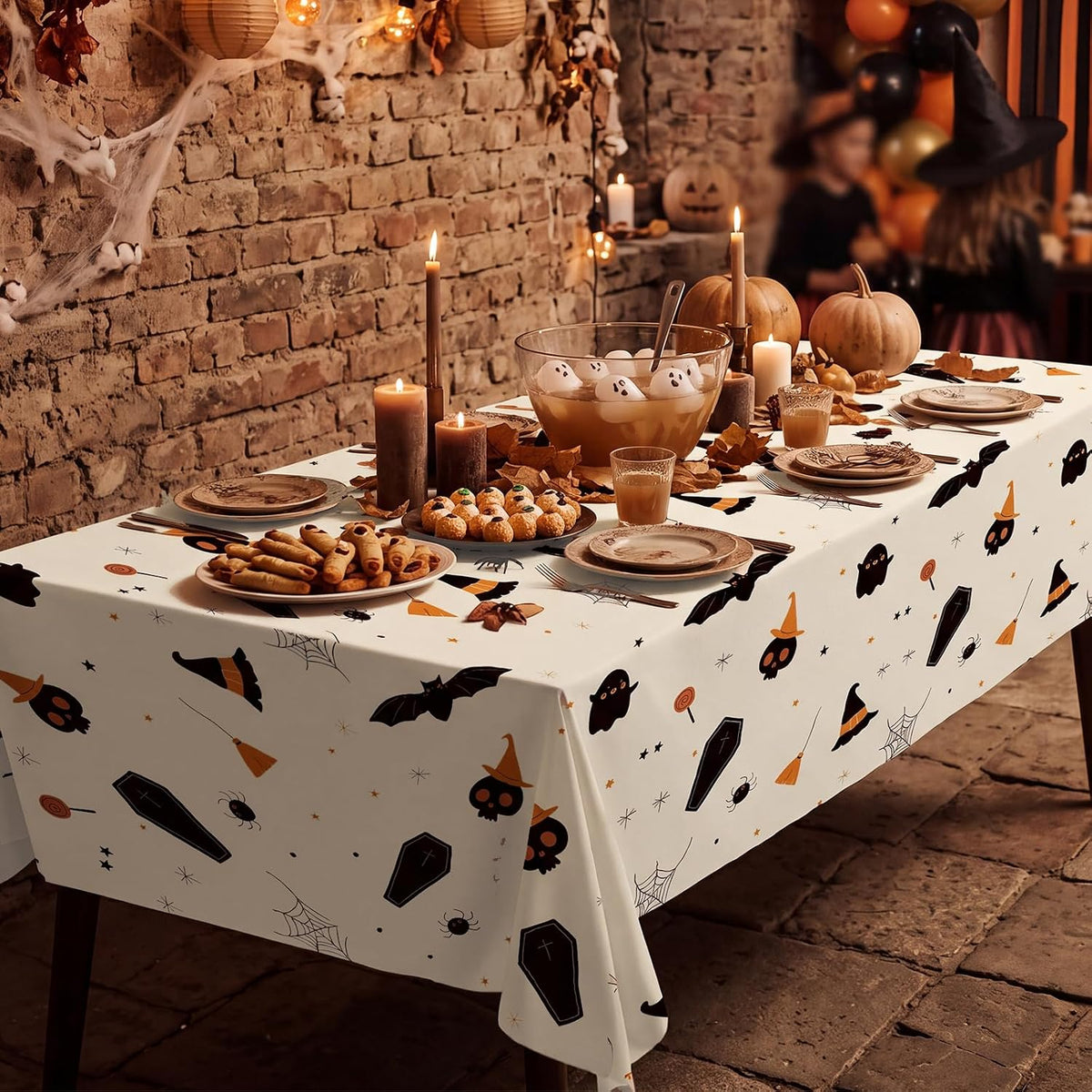 CXPSINC 54 Inch X 300 Feet Plastic Table Cover Roll Disposable Halloween Tablecloth with Slide Cutter Ghost Bat Plastic Table Covers for Halloween Party Decorations(Halloween Beige, 300 Feet)