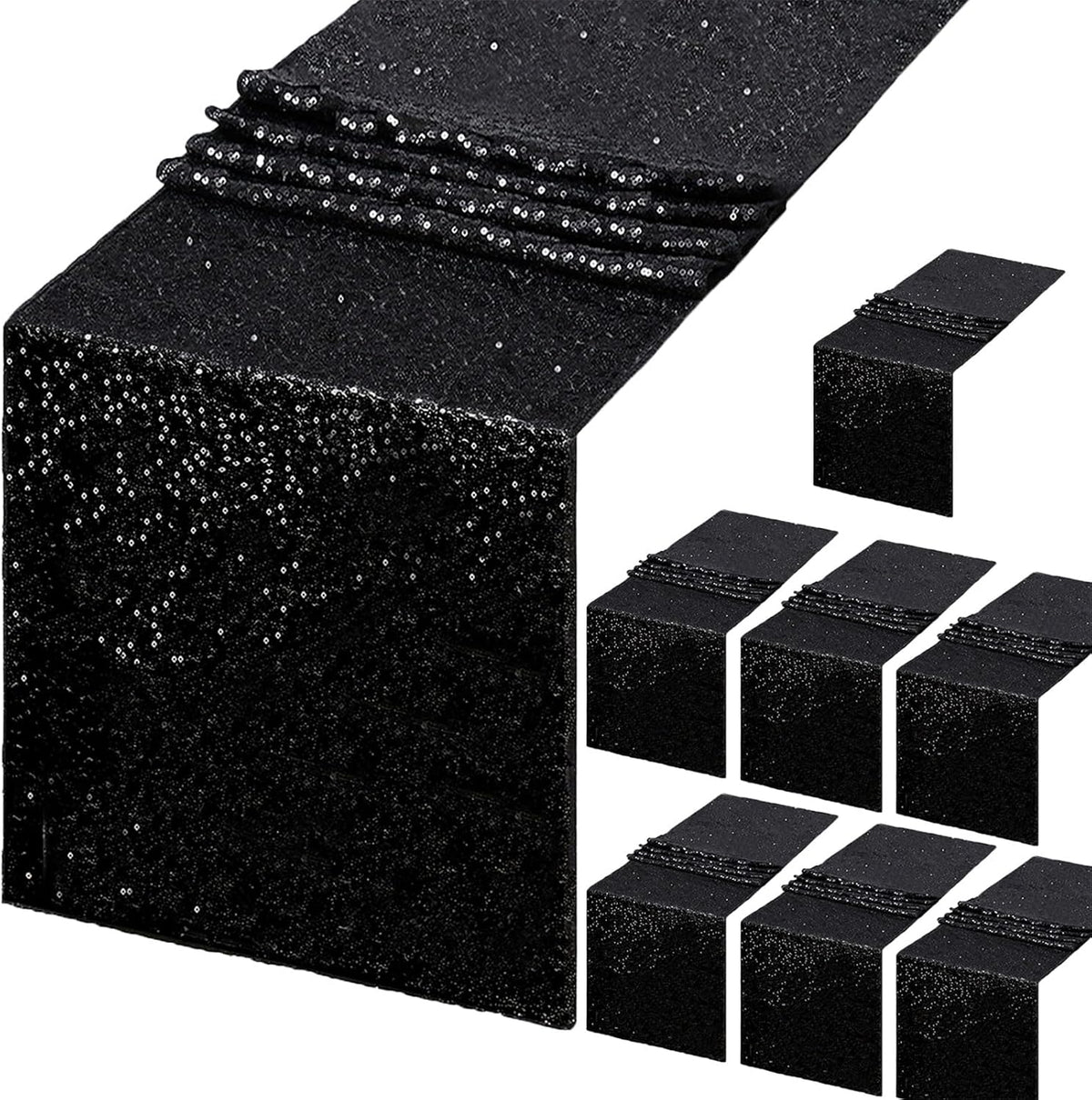 B-COOL Sequin Black Table Runner: 8 Pack 12x72Inch Glitter Decoration Sparkly Fabric for Halloween Graduation Holiday Birthday Outdoor Table Decor