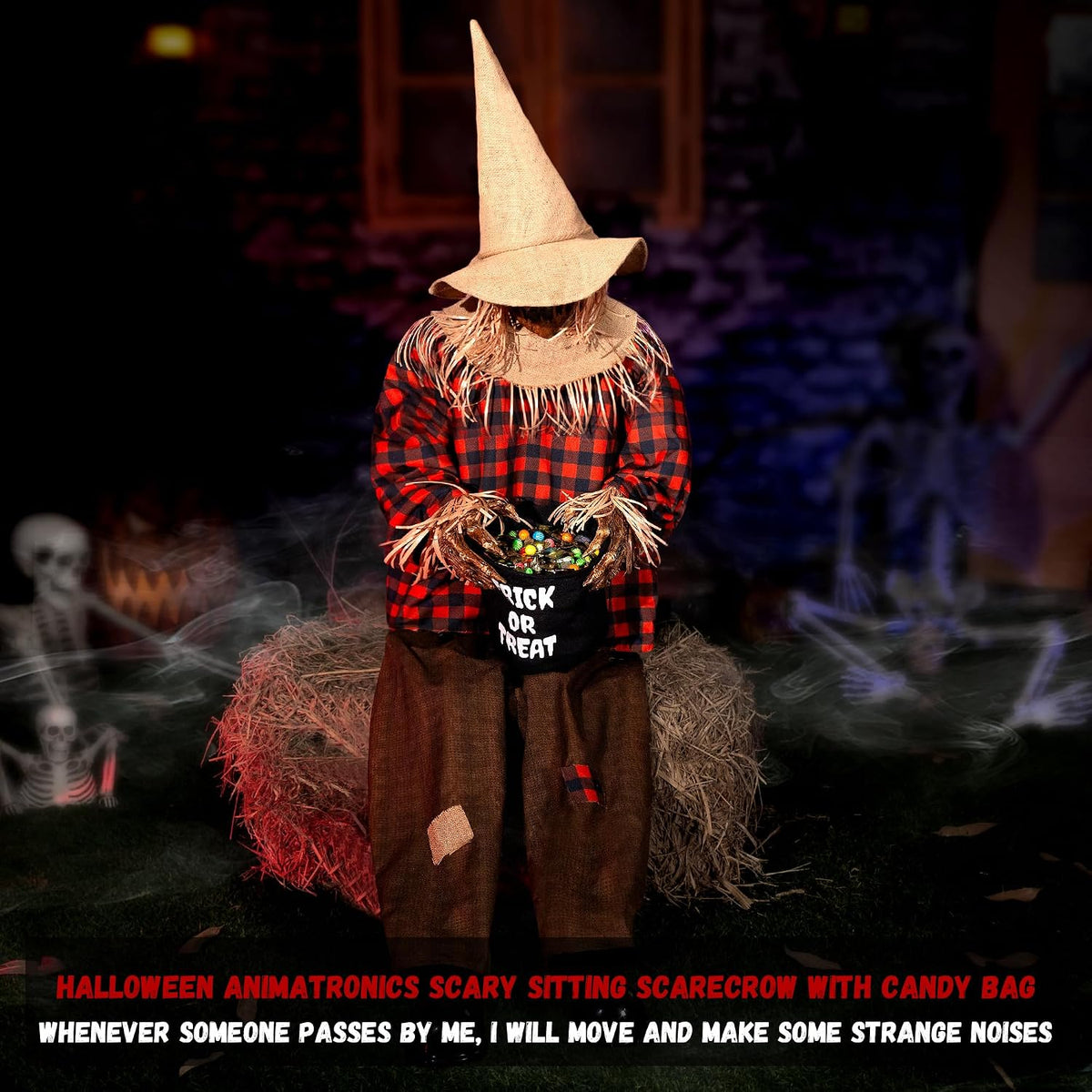 Halloween Animatronics Decorations Scary Sitting Scarecrow with Candy Bag, 55'' Animated Jumpscare Halloween Props with Sound & Motion Activated, Lighted Eyes, Creepy Sound for Haunted House Outdoor