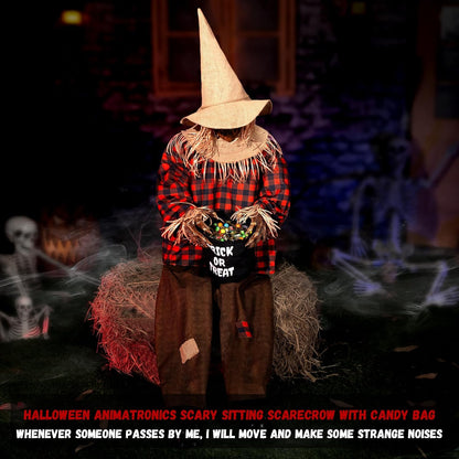Halloween Animatronics Decorations Scary Sitting Scarecrow with Candy Bag, 55'' Animated Jumpscare Halloween Props with Sound & Motion Activated, Lighted Eyes, Creepy Sound for Haunted House Outdoor
