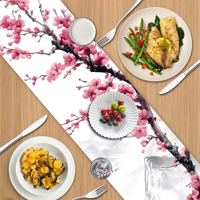 Asian Plum Blossom Table Runner – Elegant Ink Wash Cherry Flower Design – - Image 8