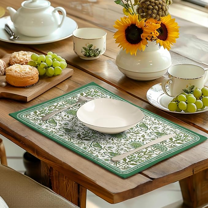 Green Floral Boho Placemats Set of 4, 12x18 Inch Vintage Chinoiserie Block - Image 5