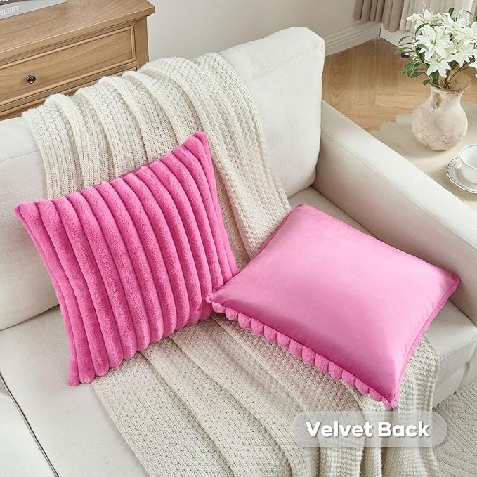 FUTEI Hot Pink Throw Pillow Covers Set of 2, 16x16 Inch Striped Texture Cushion - Image 4