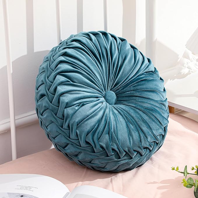 1 Pcs Round Throw Pillows Decorative Velvet Pleated Throw Pillows 15'' Diameter by Drydiet