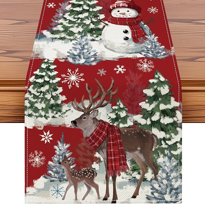 Artscope Reindeer Snowman Christmas Tree Table Runner, Xmas Winter Snowflakes by Artscope