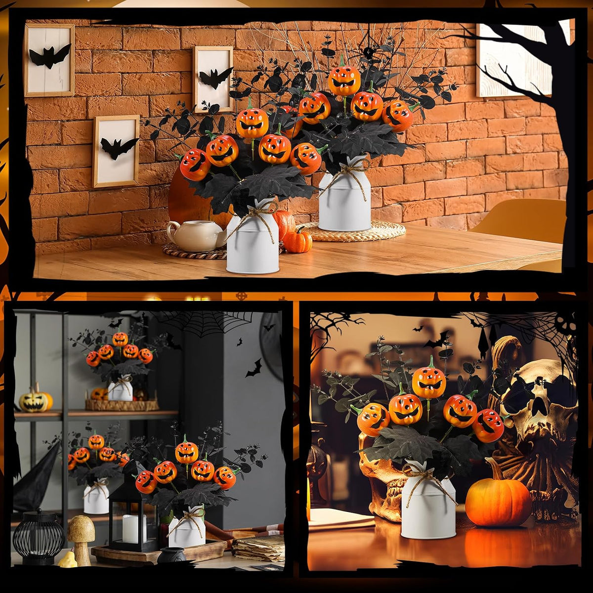 Thiccywoov 4 Sets Halloween Table Centerpiece Decorations Artificial Black Pumpkins Eucalyptus with Metal Vase Faux Pumpkins Plants in Pots for Halloween Trick or Treat Party Home Dining Table Decor